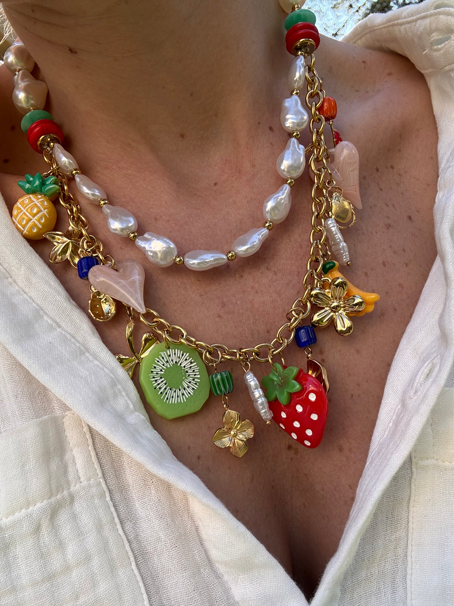 COLLIER DOUBLE CHARMS 🍓🍍🥝🍌