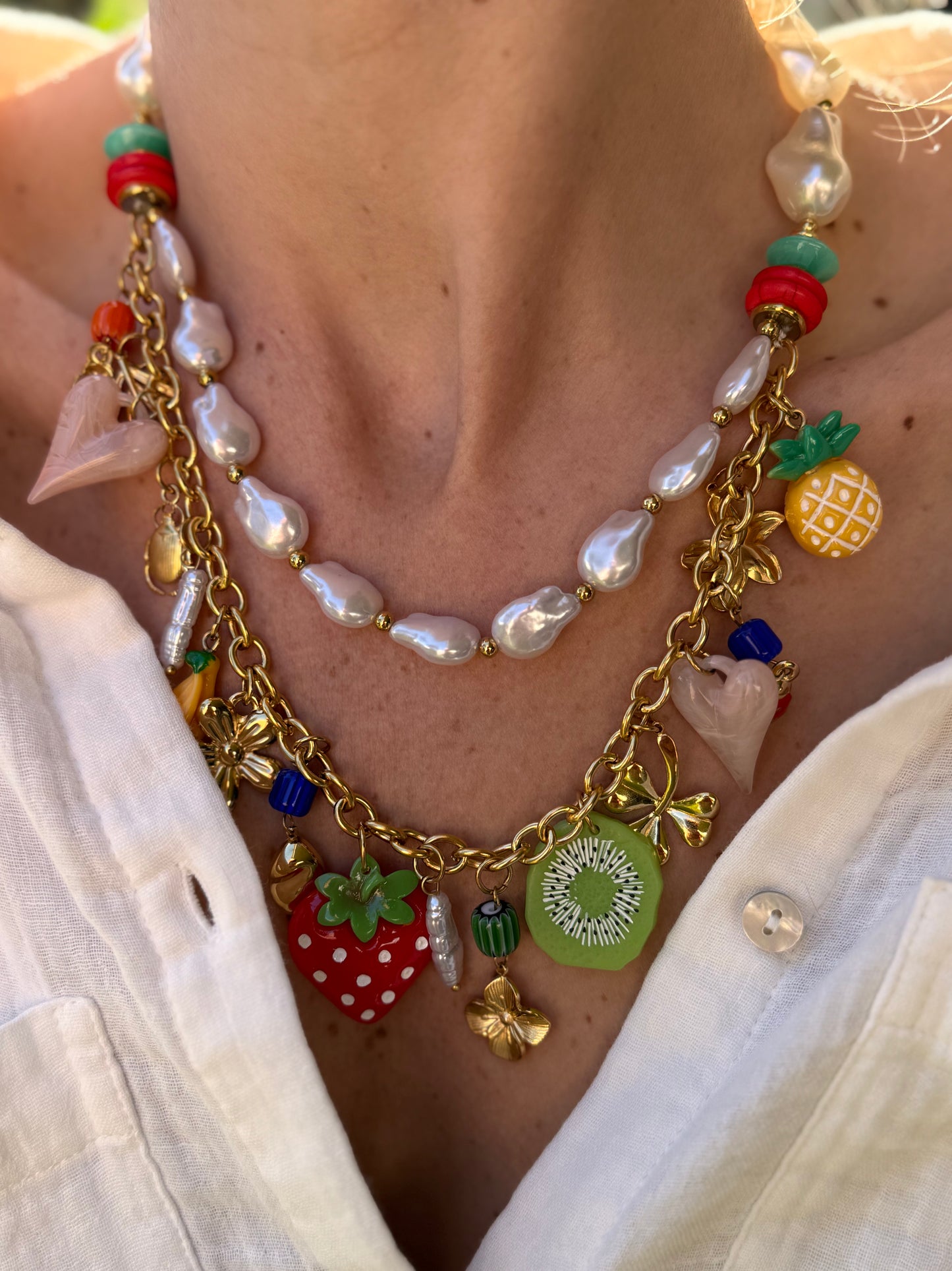 COLLIER DOUBLE CHARMS 🍓🍍🥝🍌