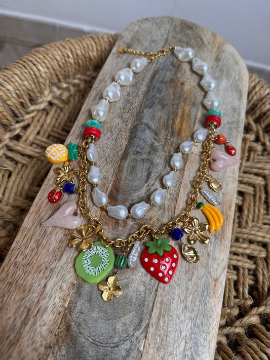 COLLIER DOUBLE CHARMS 🍓🍍🥝🍌
